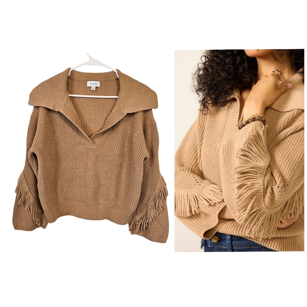 Evereve Design History Fringe Collar Vneck Knit Sweater